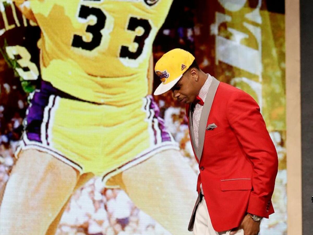 D'Angelo Russell walks off the stage after being selected by the Lakers with the second overall pick in the 2015 NBA Draft at Barclays Center in Brooklyn, N.Y.