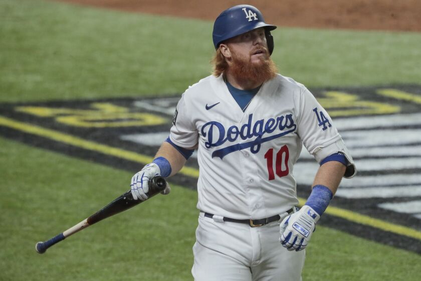 Justin Turner heads back to the dugout after striking out in Game 6 of the World Series.