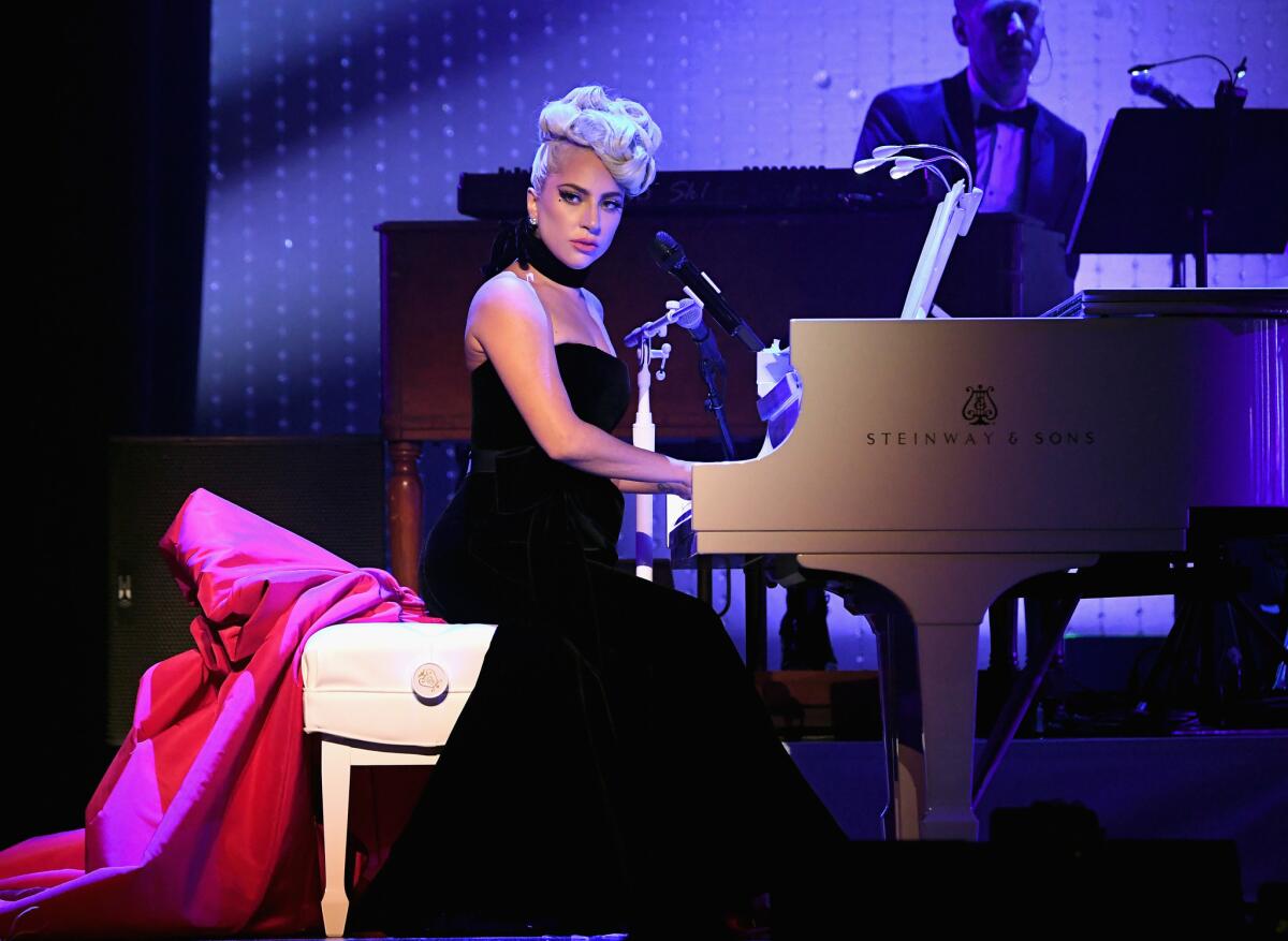 Lady Gaga, in a photo distributed by the singer, performing Sunday during "Jazz & Piano" at the Park Theater in Las Vegas.