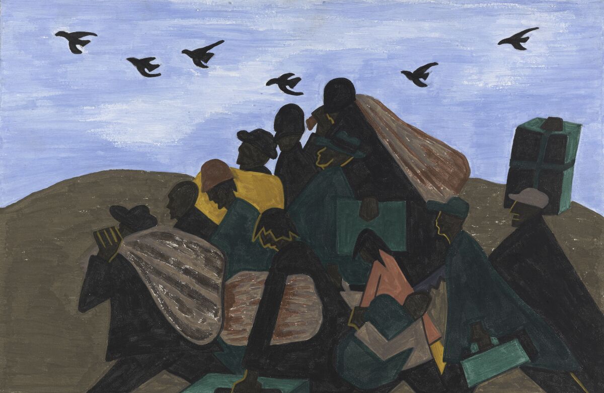 A painting of Black people with bags moving along a landscape under a flock of birds.
