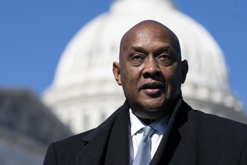 FILE - Rep. Dwight Evans, D-Pa., speaks with reporters about the Violent Incident Clearance and Technological Investigative Methods (VICTIM) Act, on Capitol Hill, Wednesday, Feb. 9, 2022, in Washington. Evans of Philadelphia said Thursday, May 23, 2024 that he is in a rehabilitation facility recovering from a minor stroke, and plans to return to voting in Washington in about six weeks.(AP Photo/Alex Brandon, File)