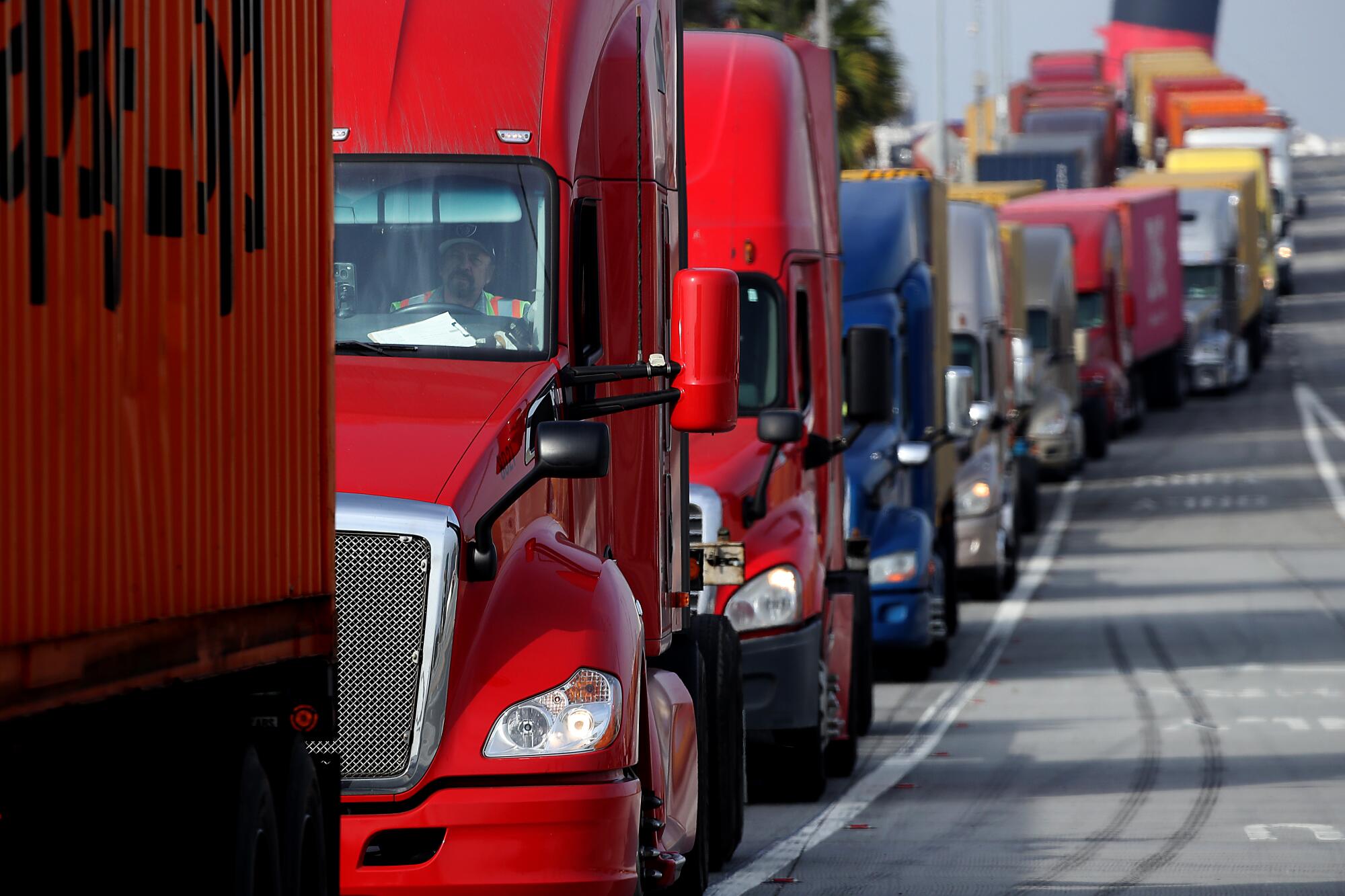 Red, blue, gray and yellow trucks idle in a long line at the Port of Long Beach 