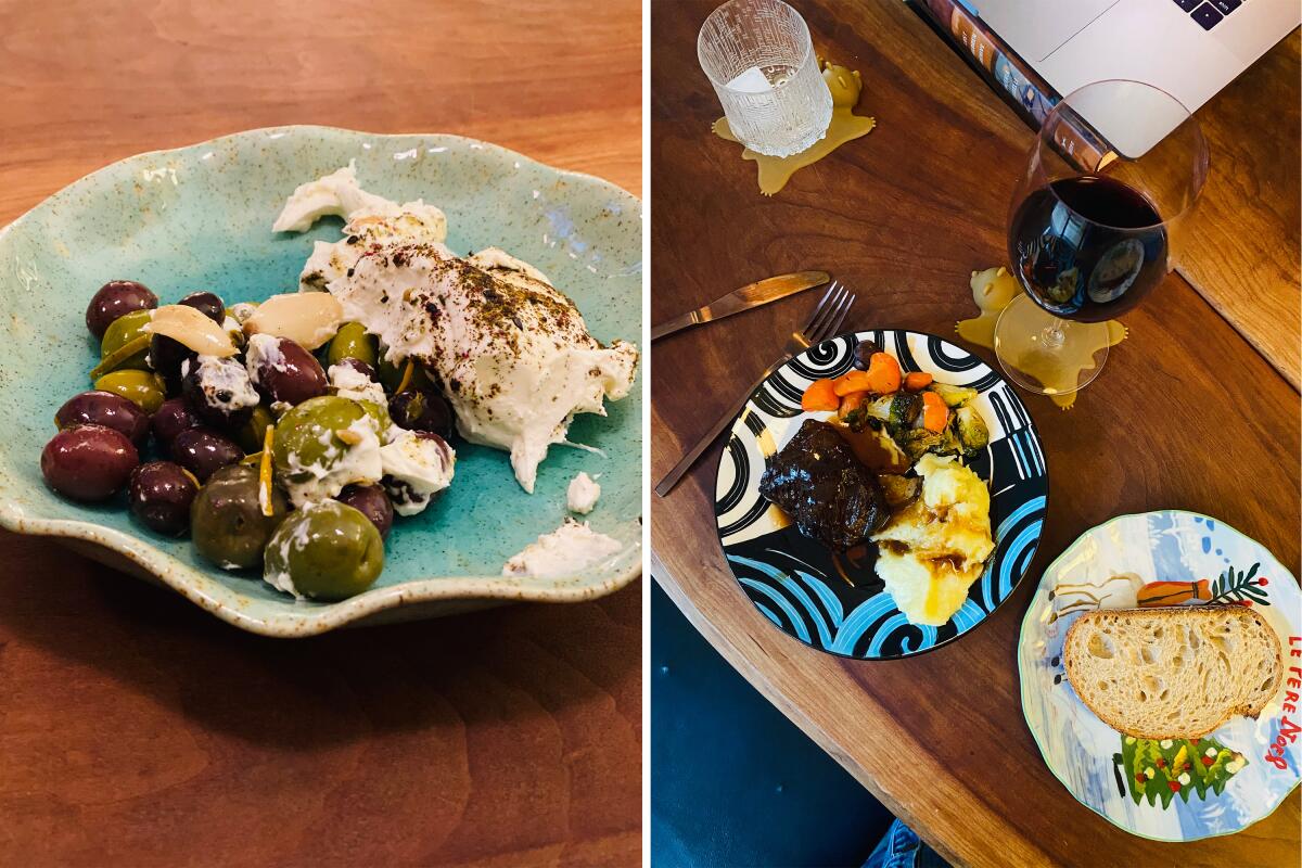 Farm cheese and marinated olives from Bestia, left, and short rib and mashed potatoes from Pasjoli.