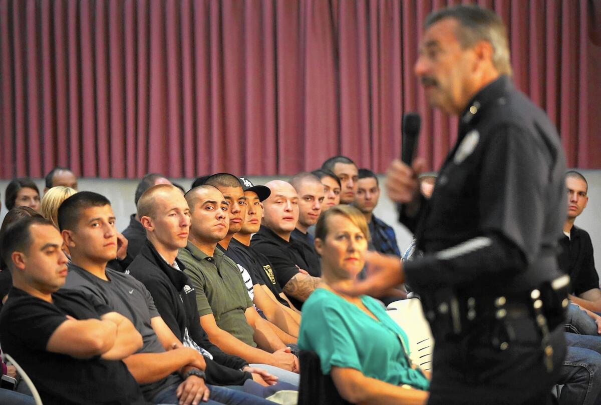 LAPD Chief Charlie Beck addresses officers during training on how to de-escalate tense situations.