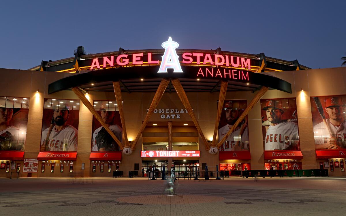 An outside look at Angel Stadium at night.