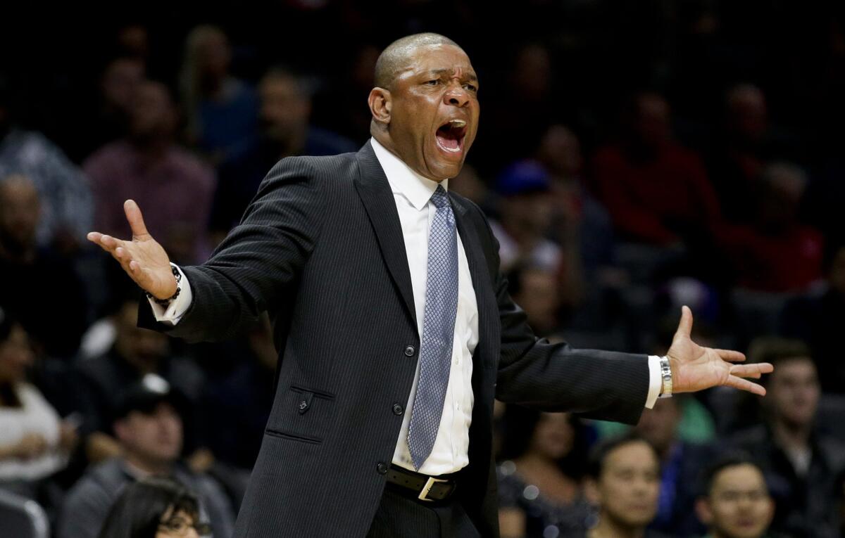 Clippers Coach Doc Rivers questions a call during the first half of a game against the Sacramento Kings.