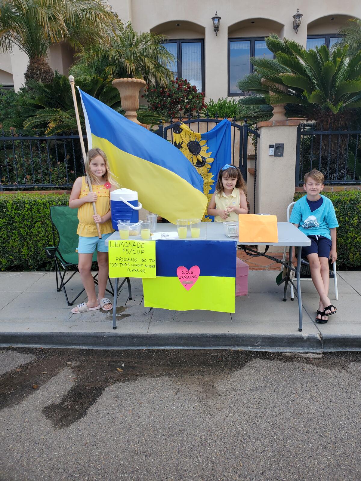 Mary Grace, Anne and Matthew Stuart-Chaffoo staff their lemonade stand to raise money for Doctors Without Borders in Ukraine.