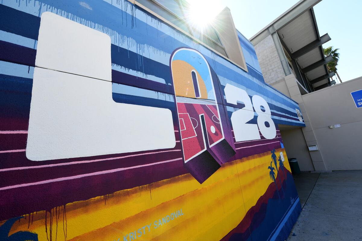 A mural showcases the LA28 logo at the Delano Recreation Center in Van Nuys.
