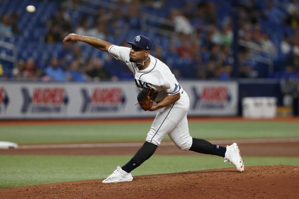Tampa Bay Rays starting pitcher Luis Patino throws to a Kansas City Royals batter during the third inning of a baseball game Thursday, Aug. 18, 2022, in St. Petersburg, Fla. (AP Photo/Scott Audette)