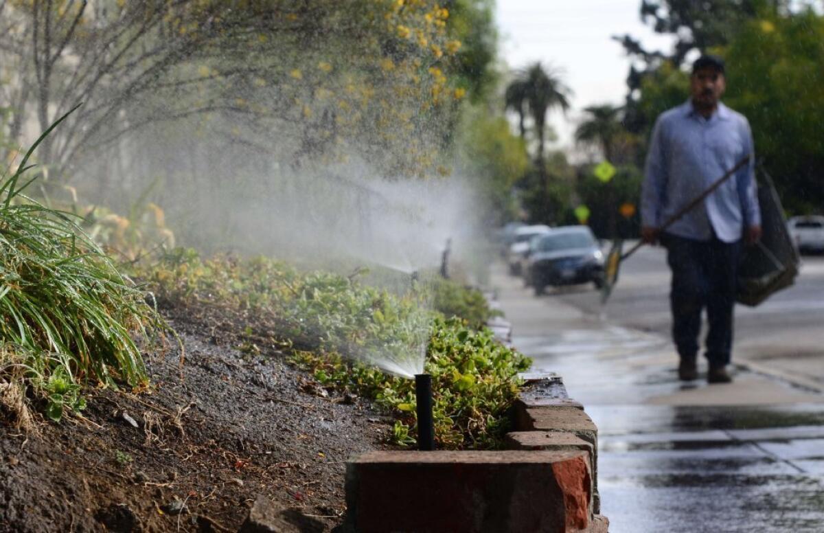 A gardener walks past a row of sprinklers watering plants and foliage in front of an apartment complex in South Pasadena. Research has shown that up to 60% of water usage in the city of Los Angeles is for irrigation.