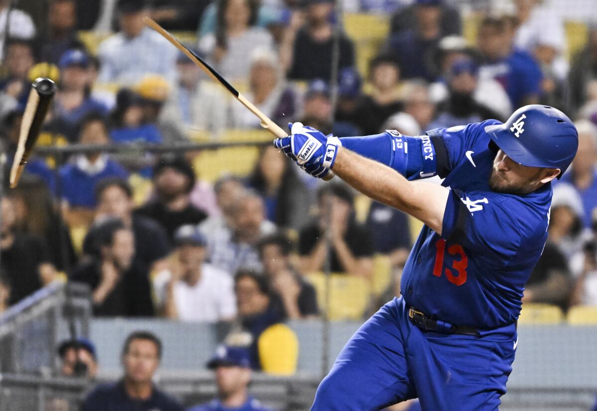 Dodgers' Max Muncy breaks his bat after hitting a single.