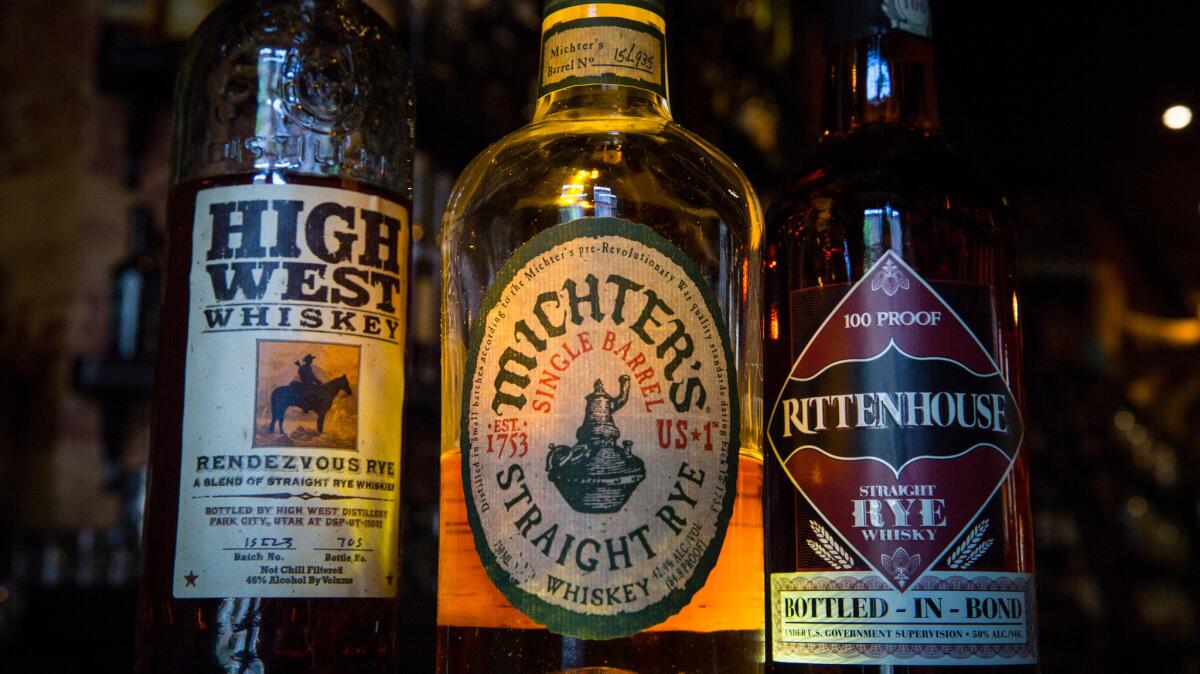 Seven Grand offers, from left, High West Rendezvous, Michter's US #1 Single Barrel Straight Rye Whiskey and Rittenhouse 100-proof Bottled in Bond among its rye whiskey selections.