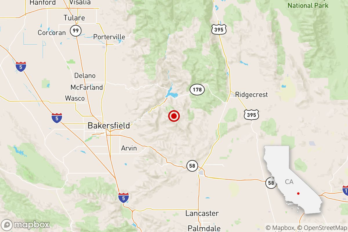 A map shows the location of the magnitude 3.2 quake near Bakersfield.
