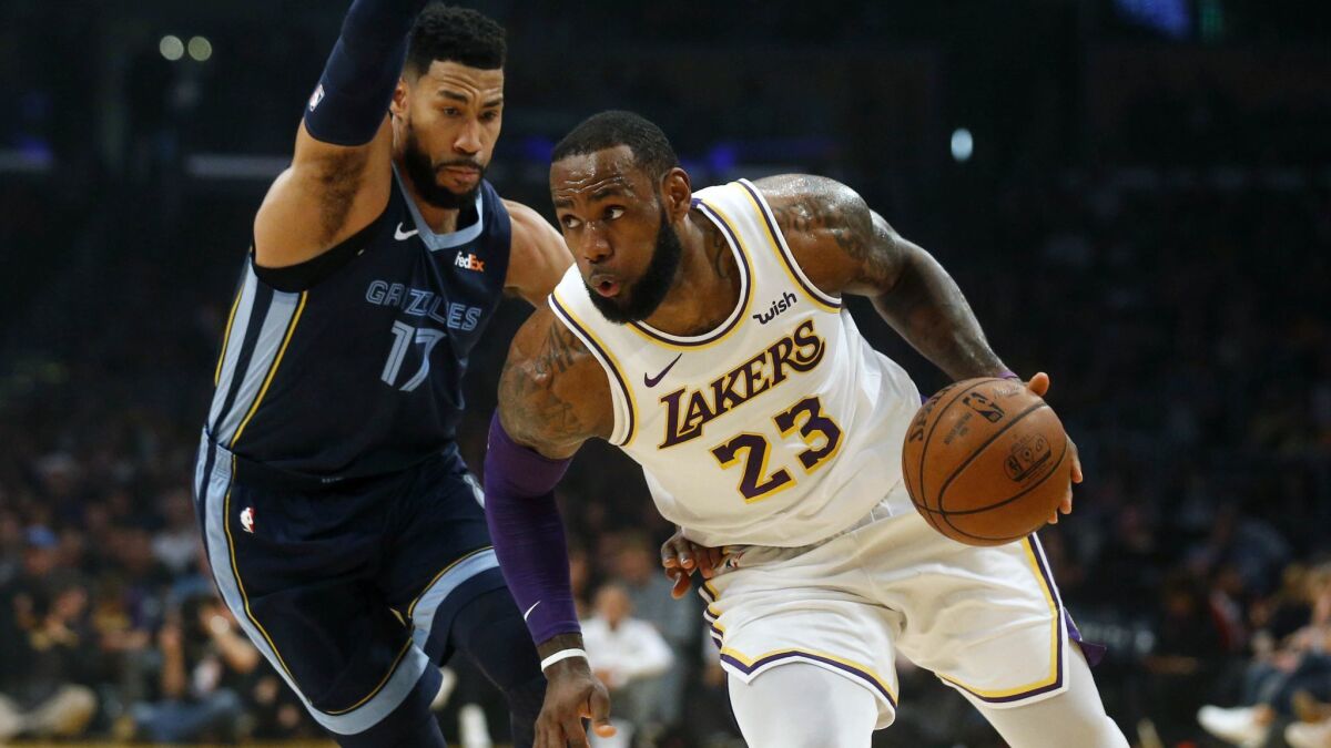 Lakers forward LeBron James drives past Grizzlies guard Garrett Temple during a game earlier this season.