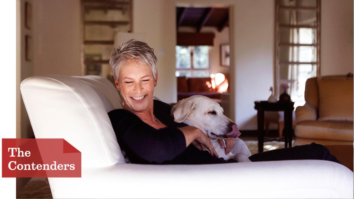 Jamie Lee Curtis (here with her dog J.J.) is having fun returning to her horror roots, with a healthy dose of satire, in “Scream Queens.” She's nominated for a Golden Globe.