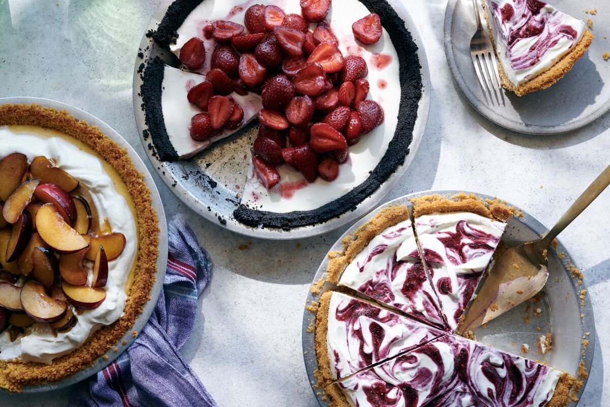 Three pies with no-bake fillings on a table.