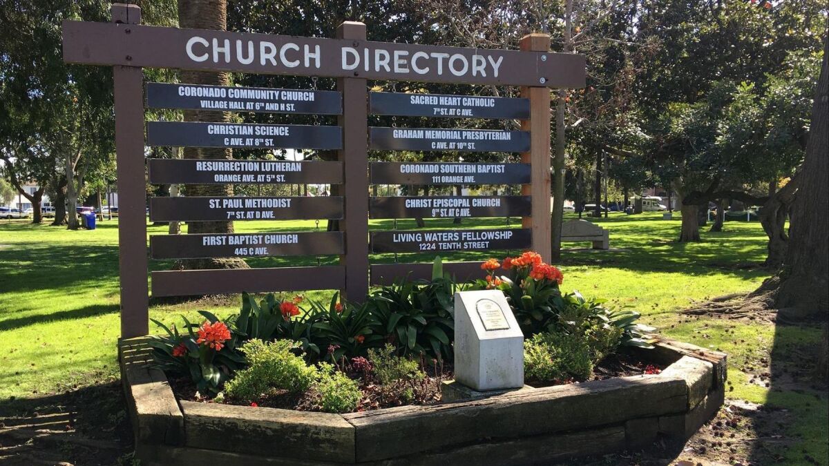 Coronado's church directory, on the corner of Orange Avenue and Sixth Street.