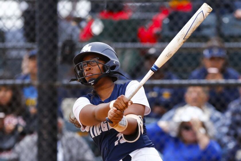 SAN DIEGO, May 24th, 2018 | CIF San Diego Section Open Division girls softball semifinals with San Marcos vs. Bonita Vista and Cathedral Catholic vs. Scripps Ranch on at Sportsplex USA in Santee on Thursday, May 24th, 2018. San Marcos first baseman Cydney Sanders hits a home run in the second inning against Bonita Vista. Photo by Chadd Cady