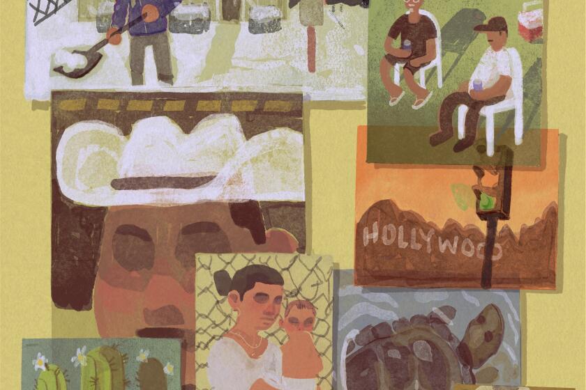 illustration of different scenes, man shoveling snow, man in cowboy hat, hollywood sign 