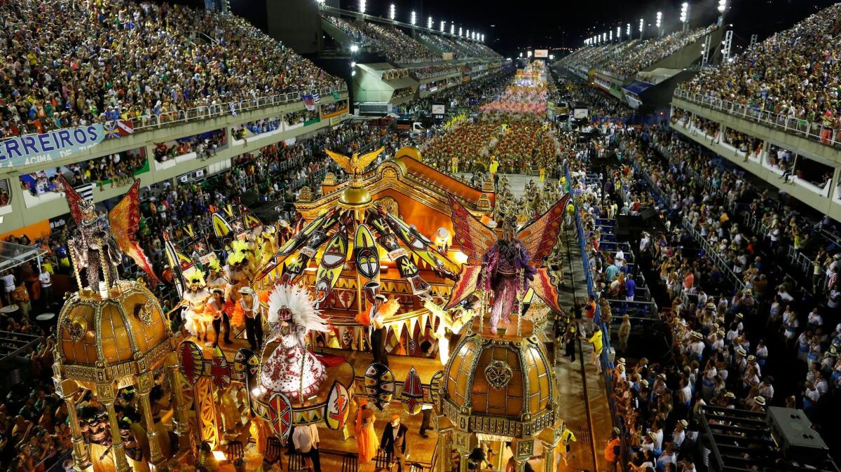 Tour operator Southern Explorations offers a five-day Brazil tour timed to Carnival celebrations. A float rides through the city's Sambadrome during the February festivities.