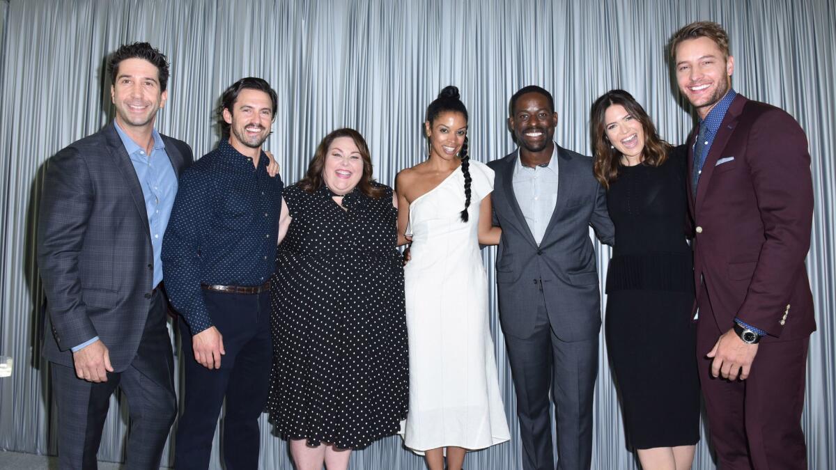 David Schwimmer, from left, with "This Is Us" cast members Milo Ventimiglia, Chrissy Metz, Susan Kelechi Watson, Sterling K. Brown, Mandy Moore and Justin Hartley at the Rape Foundation's annual brunch in Beverly Hills.