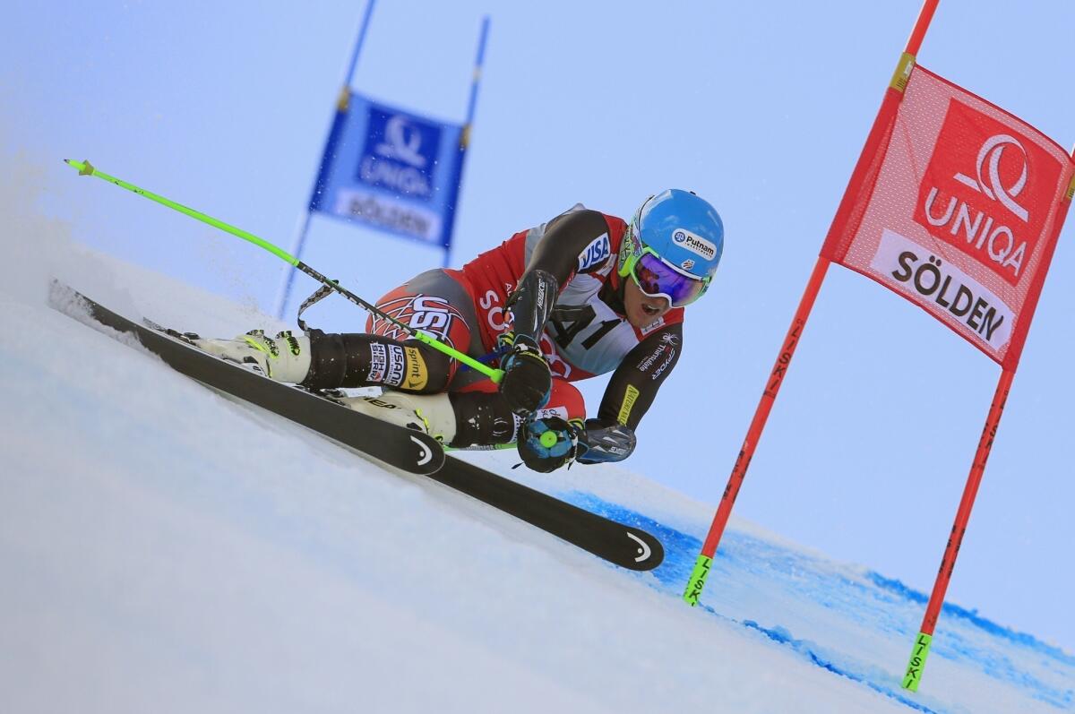 Ted Ligety weaves his way through the gates during his second run in a World Cup giant slalom race in Soelden, Austria, on Sunday.