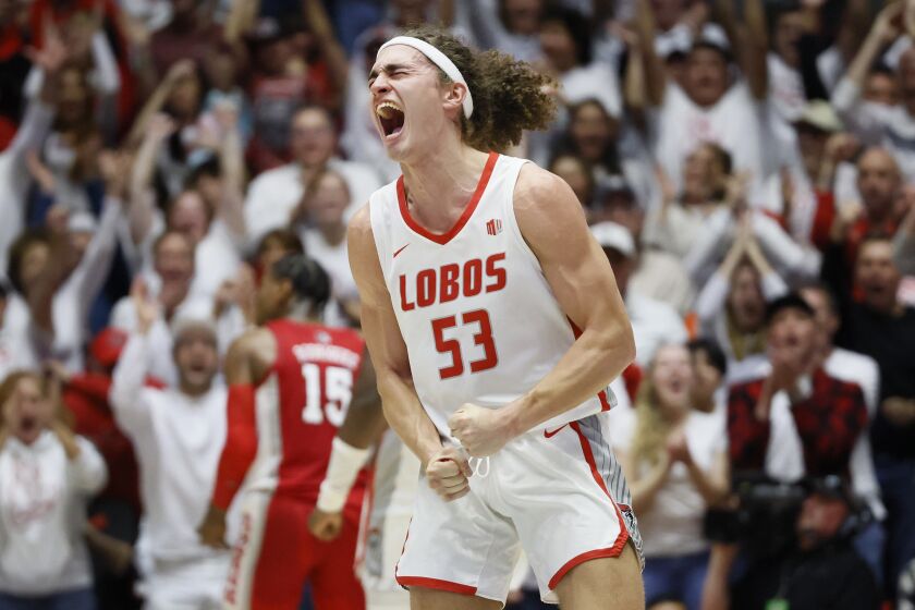 New Mexico's Josiah Allick reacts in the second half of an NCAA college basketball game against UNLV, Saturday, Jan. 7, 2023, in Albuquerque, N.M. UNLV won 84-77. (AP Photo/Eric Draper)