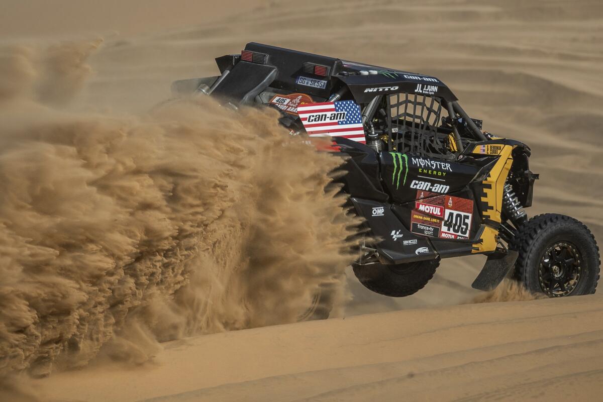 Driver Casey Currie and co-driver Sean Berriman race their Can-Am during Stage 8 of the Dakar Rally.