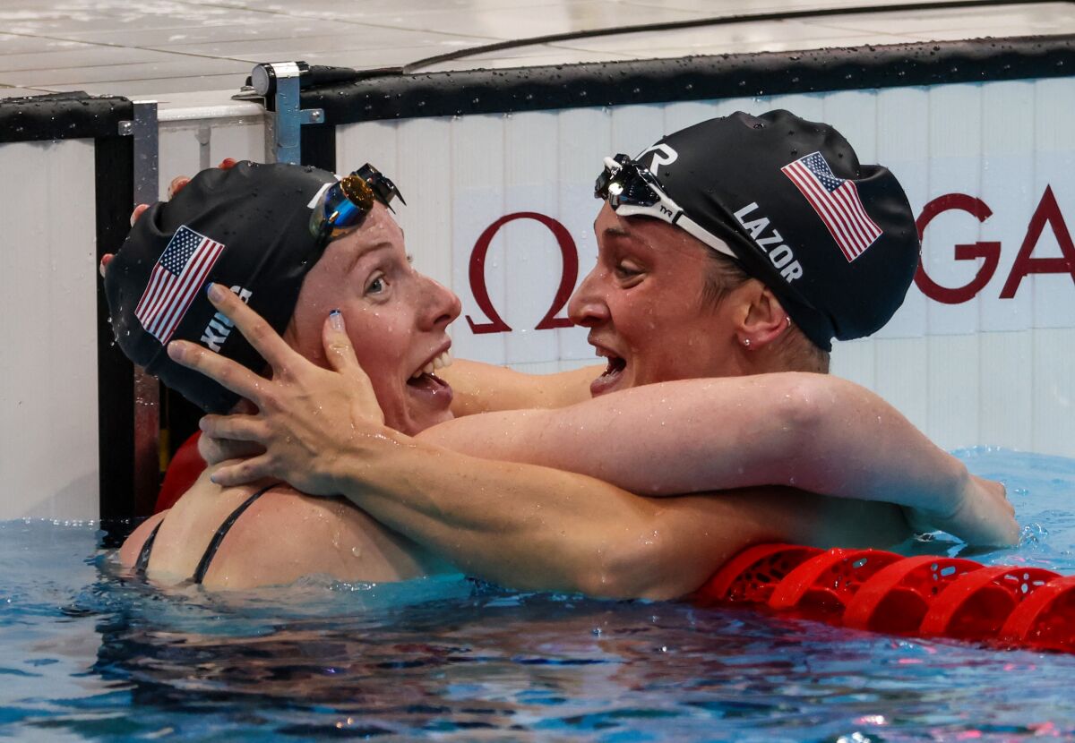 U.S. swimmers Lilly King, left, and Annie Lazor celebrate after winning silver and bronze.