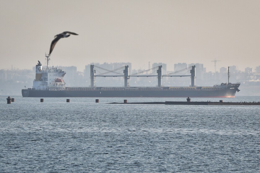 The ship Navi-Star, carrying a load of corn, leaves the port in Odesa, Ukraine, onFriday, Aug. 5, 2022.