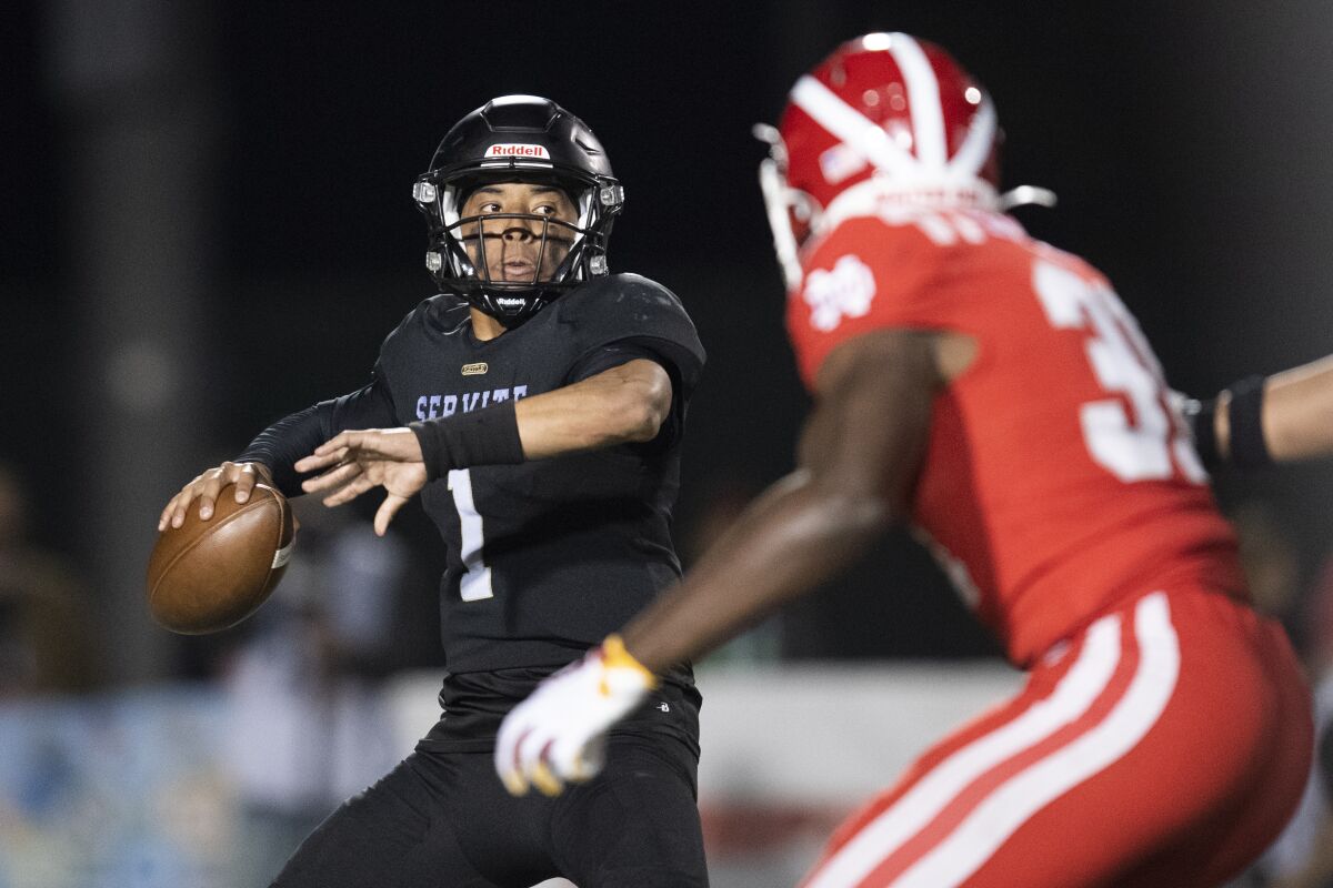 Servite quarterback Noah Fifita passes against Mater Dei in the CIF Southern Section Division 1 championship game.