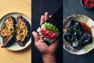 Charred sweet potato with miso butter and katsuobushi, A chopped-tuna and negi hand roll at RVR Venice, and Boiled shrimp dumplings at RVR in Venice.