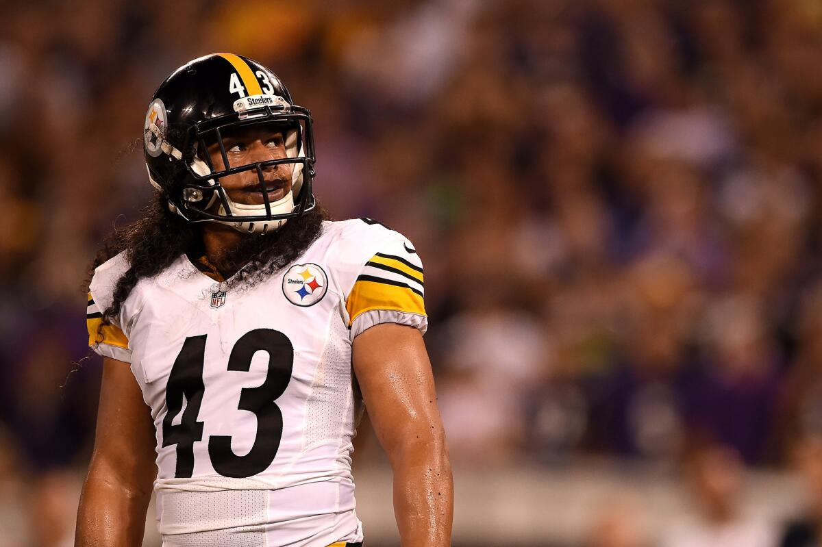 Pittsburgh Steelers safety Troy Polamalu looks on during a game against the Baltimore Ravens on Sept. 11. Polamalu officially announced his decision to retire from the NFL on Friday.