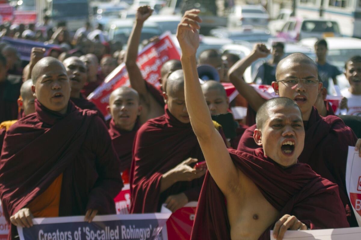 Buddhist monks protest the visit to Myanmar of U.N. special envoy Yanghee Lee, accusing the world body of bias in favor of the Rohingya Muslim minority.