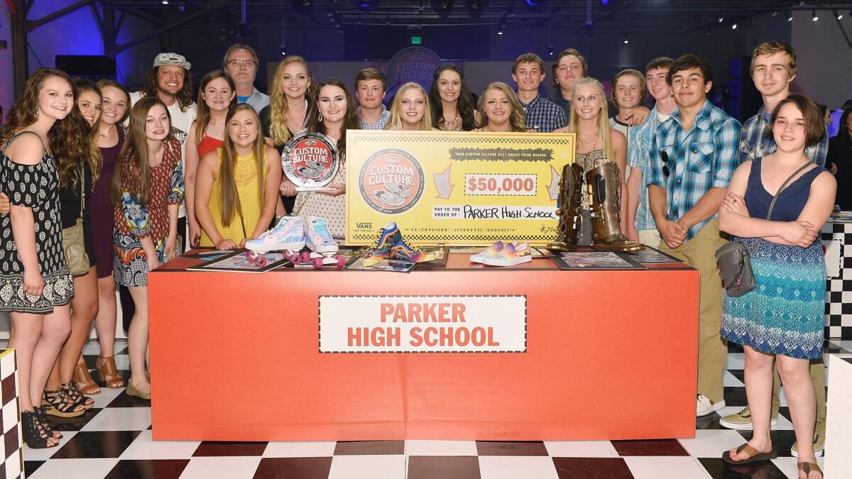 Students from Parker High School, the winner of the Vans Custom Culture competition, at the final judging event at HD Buttercup Loft in downtown Los Angeles on June 7.