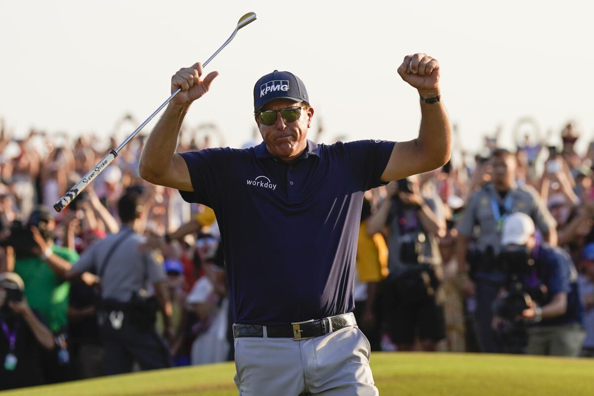 Phil Mickelson celebrates after winning the PGA Championship on Sunday in Kiawah Island, S.C.