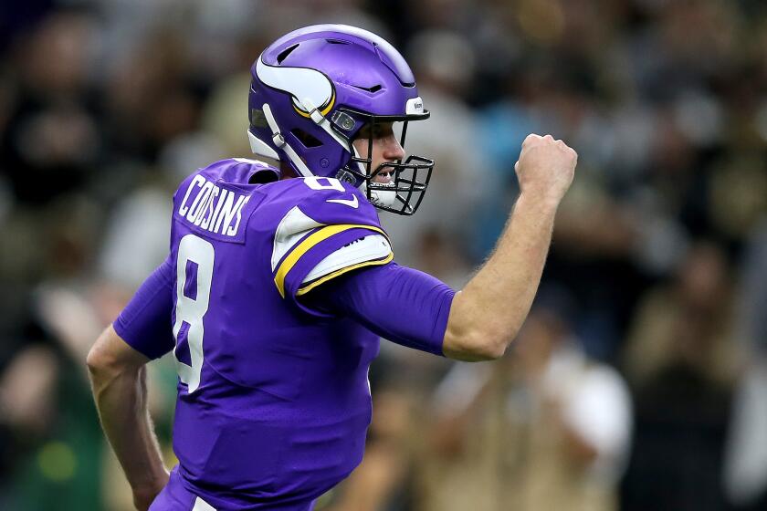 NEW ORLEANS, LOUISIANA - JANUARY 05: Kirk Cousins #8 of the Minnesota Vikings reacts to a play during the first half against the New Orleans Saints in the NFC Wild Card Playoff game at Mercedes Benz Superdome on January 05, 2020 in New Orleans, Louisiana. (Photo by Jonathan Bachman/Getty Images)