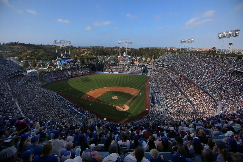 LOS ANGELES, CALIFORNIA - JUNE 16: A general view of sixth inning game action is seen from the upper deck of the MLB game between the Chicago Cubs and the Los Angeles Dodgers at Dodger Stadium on June 16, 2019 in Los Angeles, California. The Dodgers defeated the Cubs 3-2. (Photo by Victor Decolongon/Getty Images) ** OUTS - ELSENT, FPG, CM - OUTS * NM, PH, VA if sourced by CT, LA or MoD **