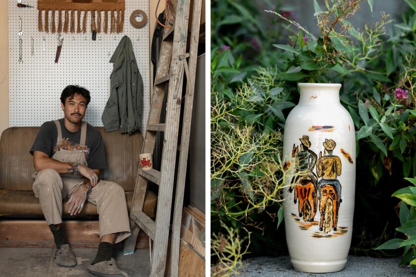 LOS ANGELES, CA - JULY 19: Portrait of Daniel Dooreck inside his ceramics studio (Danny D's Mudshop), left, and a vase he created, right, in Echo Park on Wednesday, July 19, 2023 in Los Angeles, CA. (Mariah Tauger / Los Angeles Times)