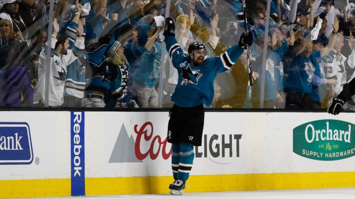The Sharks' Joonas Donskoi celebrates his game-winning overtime goal against the Penguins in Game 3 of the Stanley Cup Final