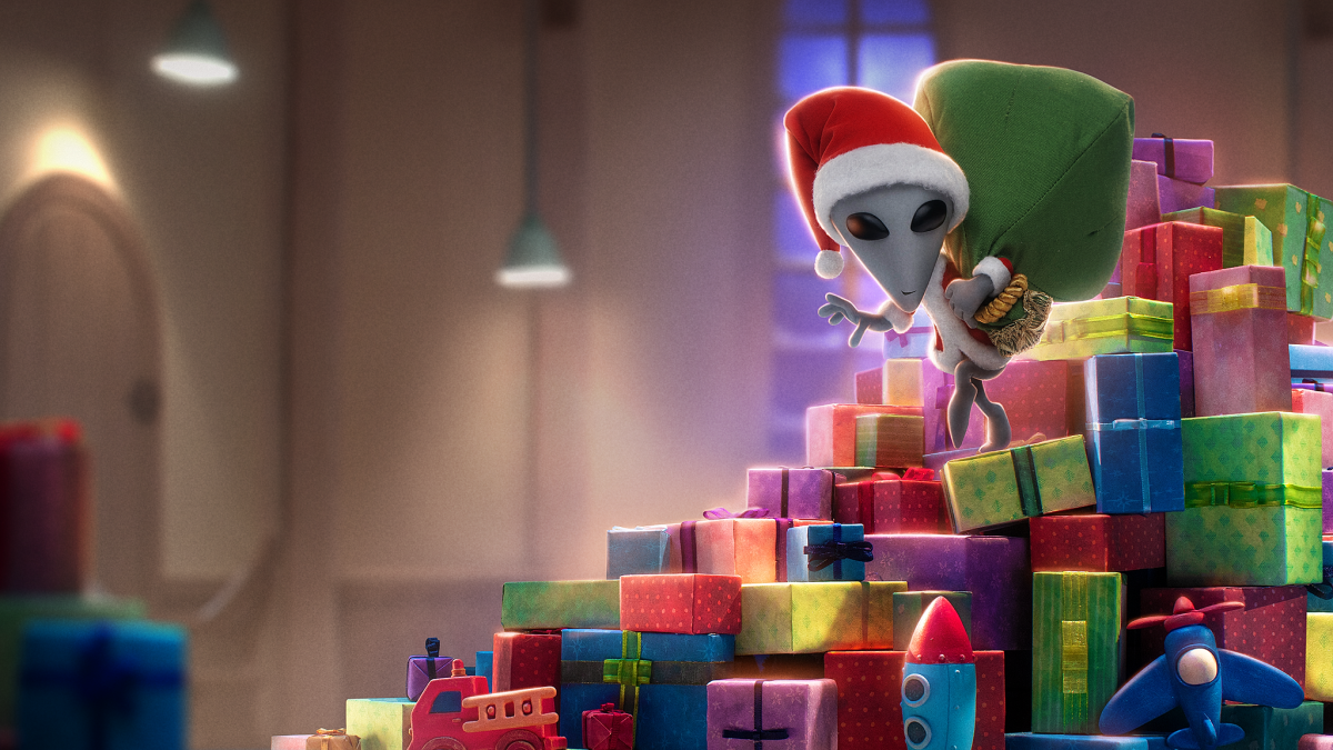 An extraterrestrial Grinch stealing presents in "Alien Xmas."