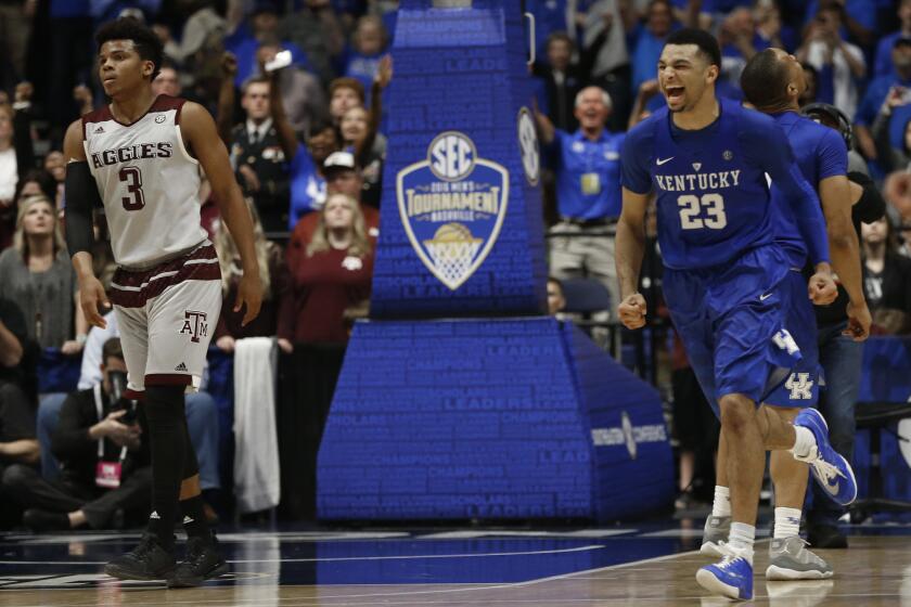 Kentucky guard Jamal Murray (23) celebrates an 82-77 victory over Texas A&M in the Southeastern Conference championship game on March 13.