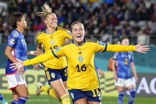 Sweden's Filippa Angeldal celebrates after scoring off a penalty kick against Japan at the World Cup