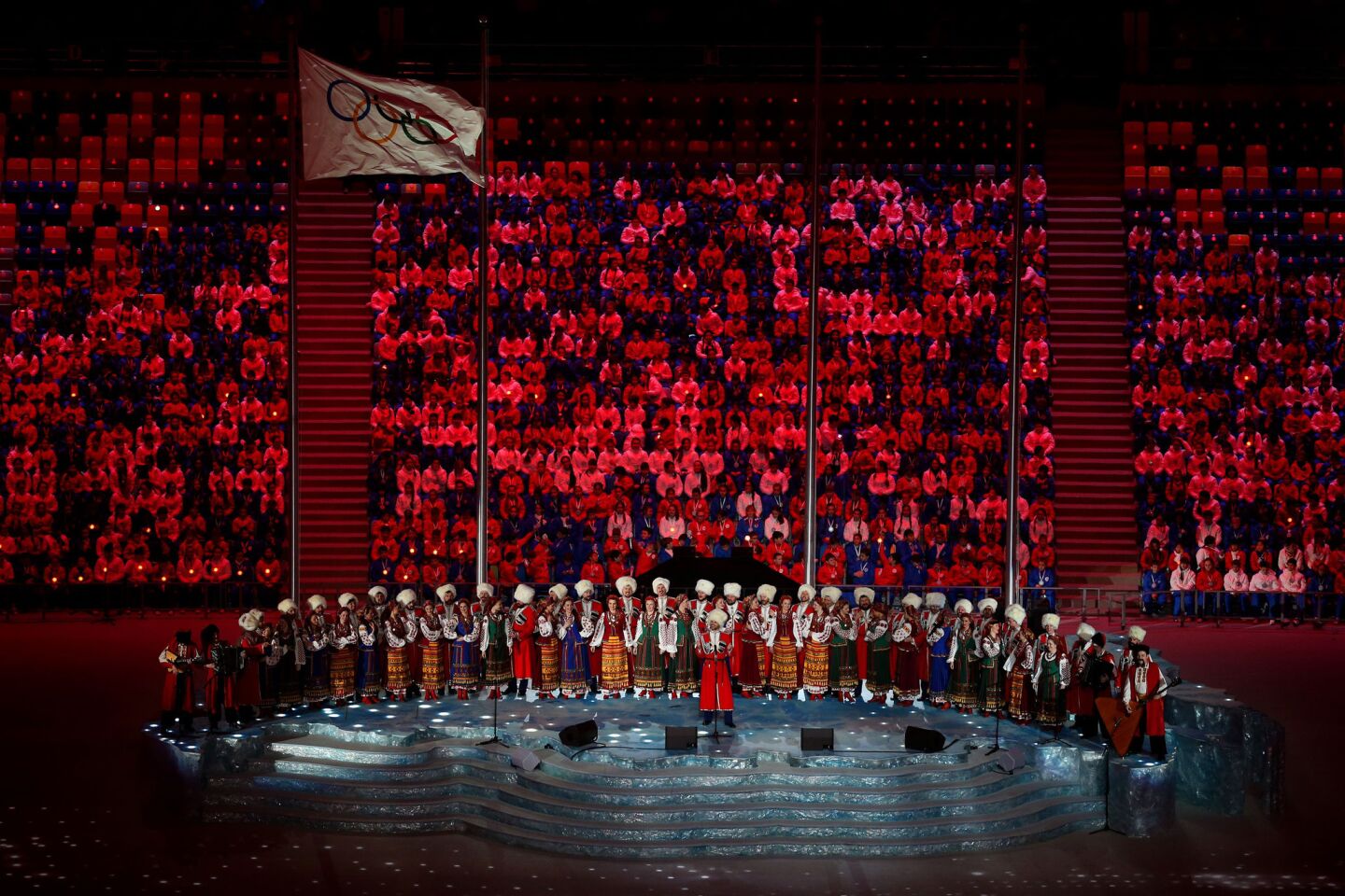 A pre-show performance by the Kuban Cossack Choir during the 2014 Sochi Winter Olympics Closing Ceremony at Fisht Olympic Stadium in Sochi, Russia.