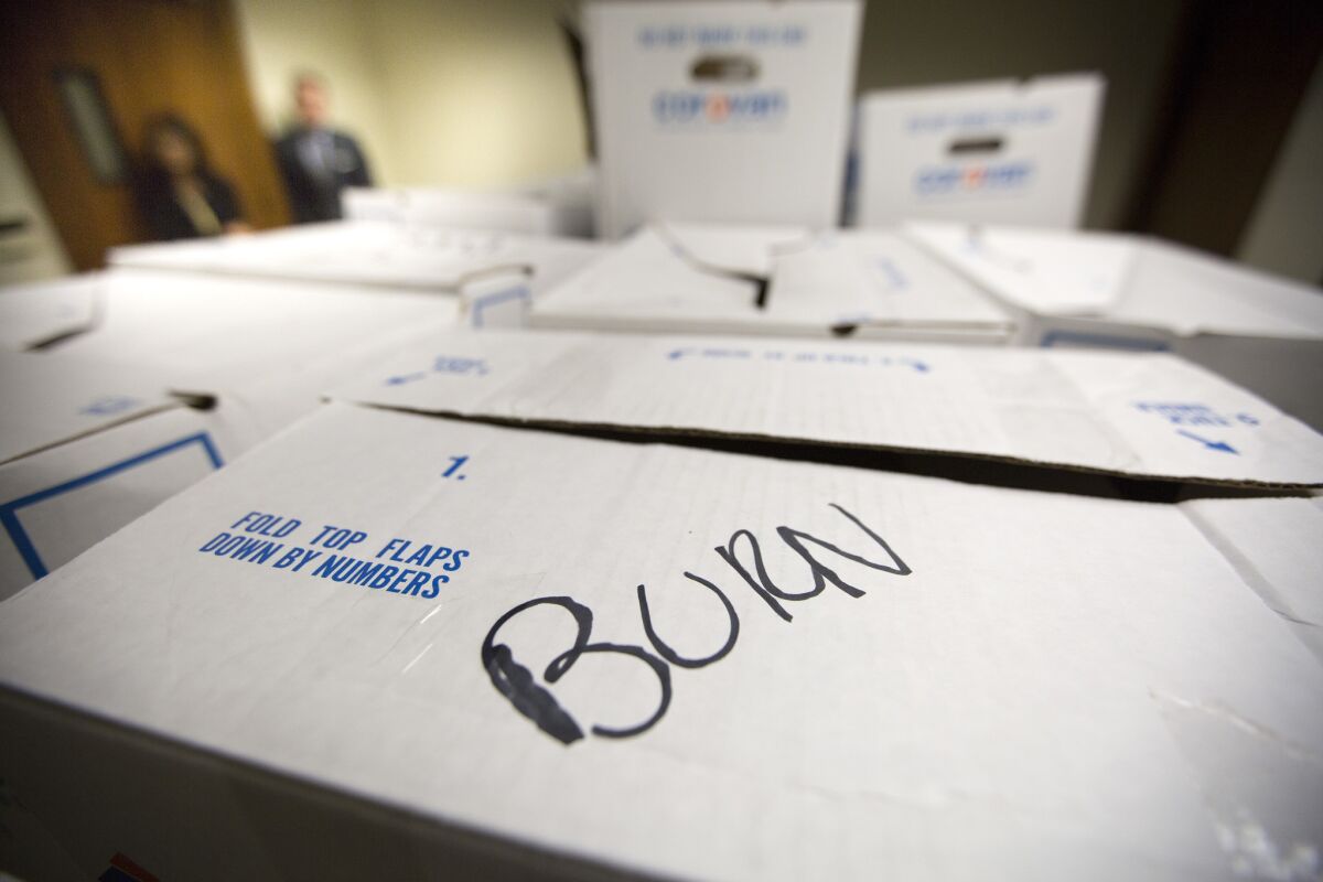 Boxes of files from the administration of Los Angeles City Councilman Tom LaBonge, marked for destruction but later recovered and made public, at City Hall earlier this year.