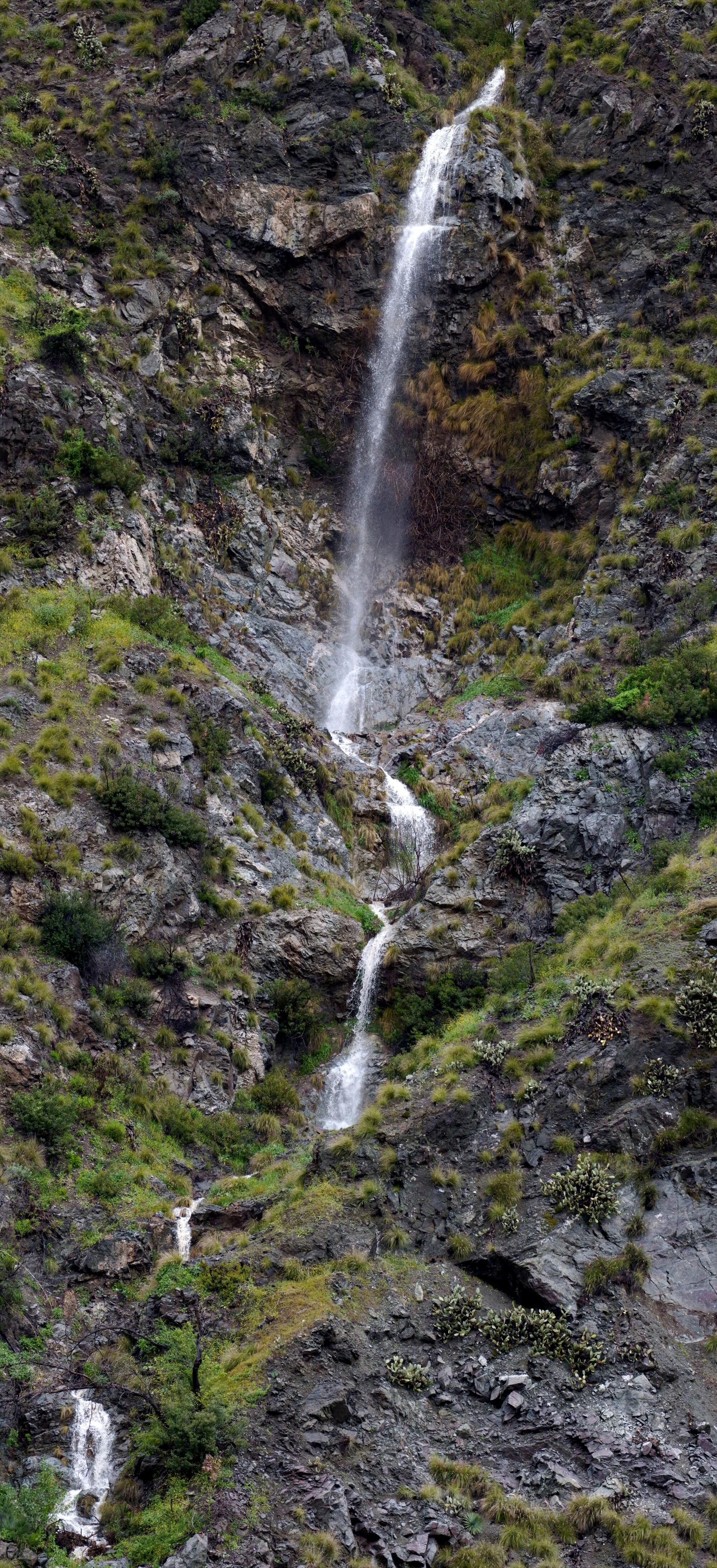 A two-photo composition shows a tall waterfall at the entrance of San Gabriel Canyon.