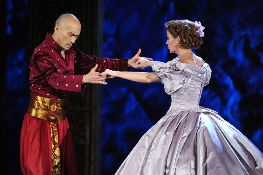 Kelli O'Hara, right, and Ken Watanabe of “The King and I” preform at the 69th annual Tony Awards at Radio City Music Hall on Sunday, June 7, 2015, in New York. (Photo by Charles Sykes/Invision/AP)