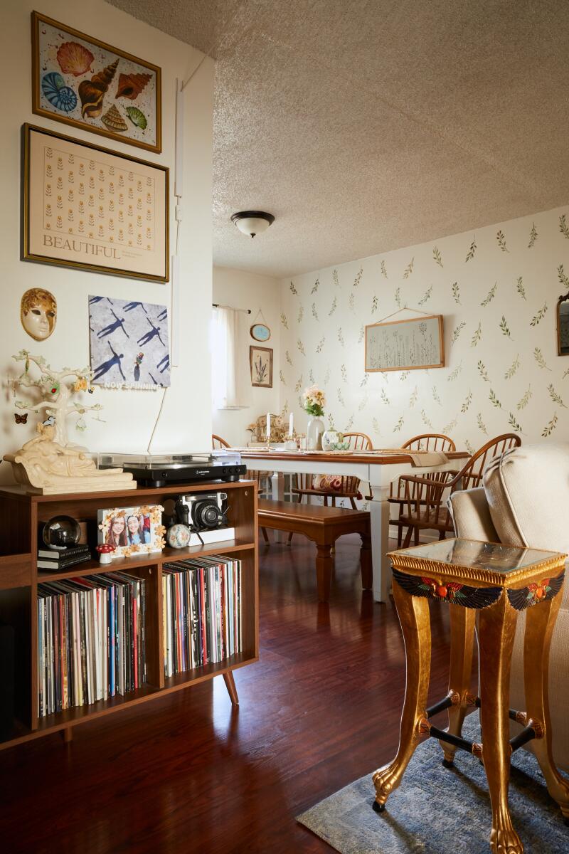 Records in a cabinet in a living room next to a dining room