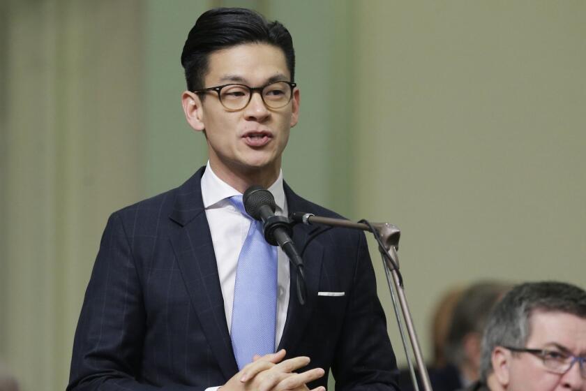 In this photo taken Friday, Jan. 13, 2017, Assemblyman Evan Low, D-Campbell, addresses lawmakers at the Capitol in Sacramento, Calif. In an effort to increase voter participation by targeting teenagers, Low has authored a measure to lower the voting age to 17. (AP Photo/Rich Pedroncelli)