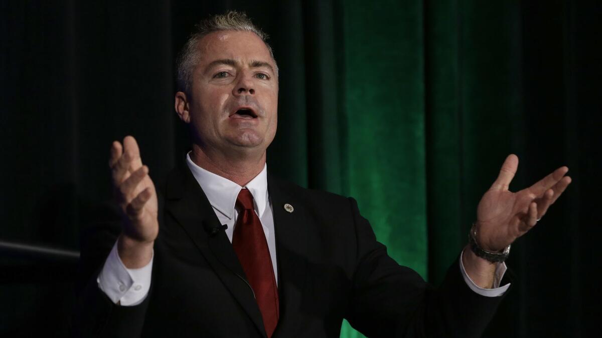 California gubernatorial candidate Travis Allen, a Republican Assemblyman from Huntington Beach, discusses the state's housing problems at a conference on March 8 in Sacramento.